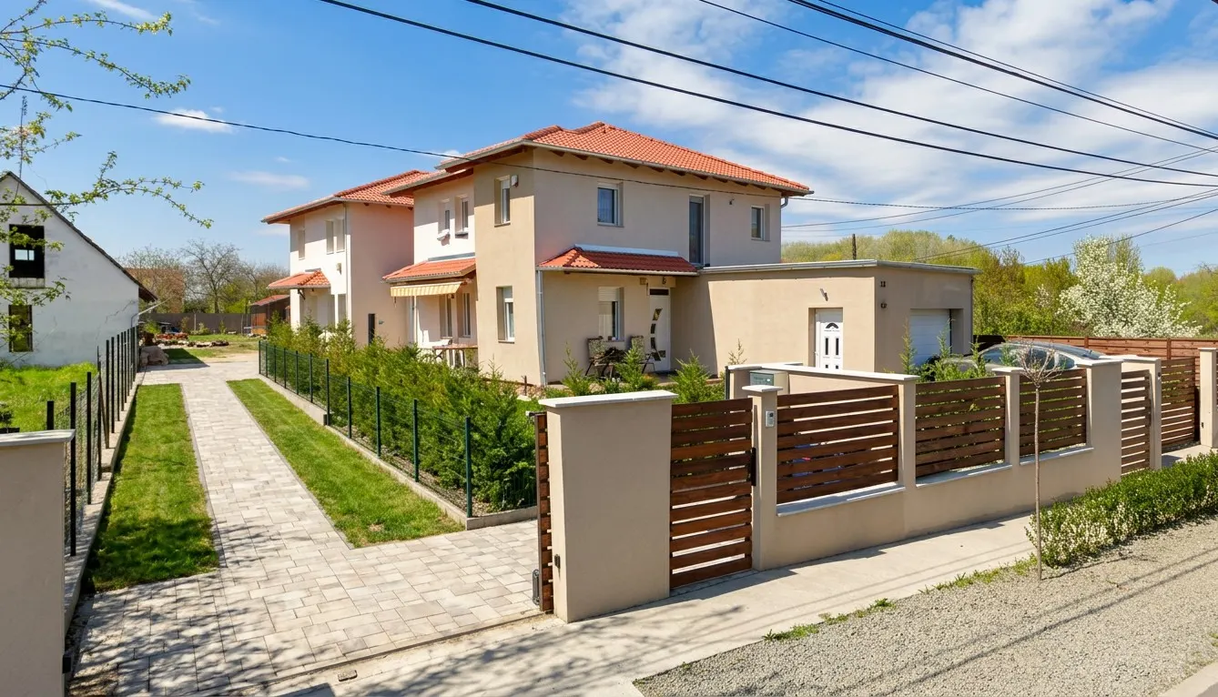 A Rákoscsaba utcai ikerház térkő járdával és fa lamellás kerítéssel